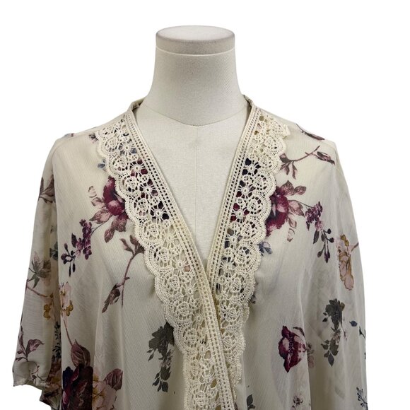 Jolt Womens Ivory & Purple Floral Kimono Cardigan With Lace Trim Polyester Sz L - Picture 4 of 9